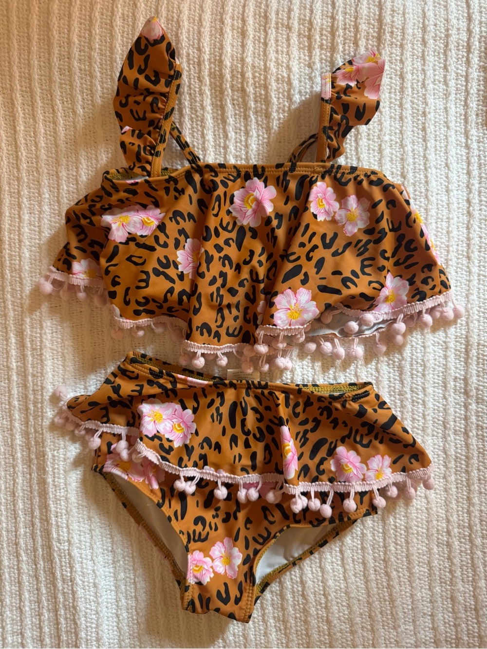 Girls Floral Leopard Ruffle Two-Piece Swim Set - Brown & Pink